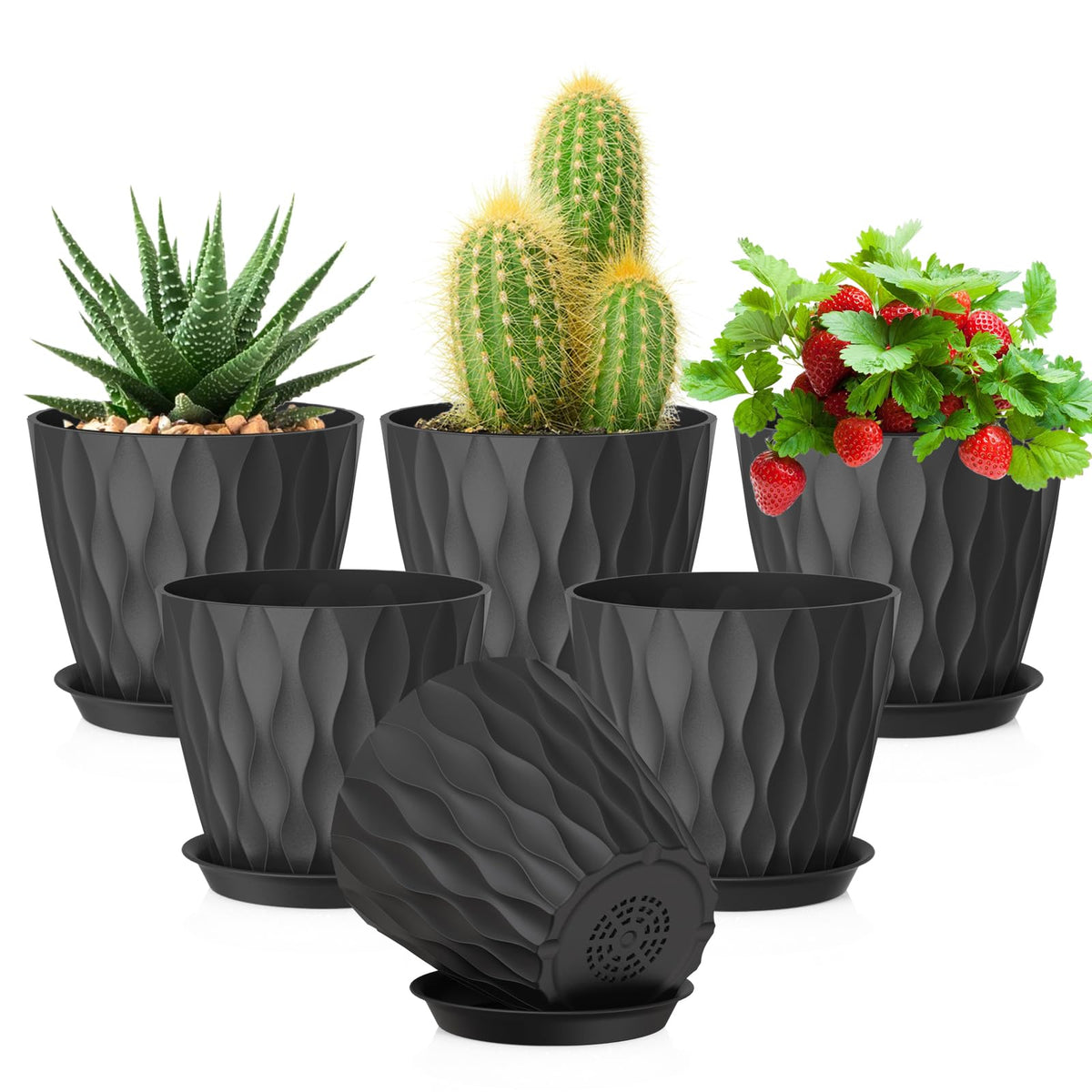 Meowell 4 inch Small Plastic Nursery Pots, 5 Pack Water Ripples Plant Pots for Indoor Plants, Flower Pots with Drainage Holes and Saucers, Seedling Starter Planters for Succulent Plants, White