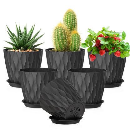 Meowell 4 inch Small Plastic Nursery Pots, 5 Pack Water Ripples Plant Pots for Indoor Plants, Flower Pots with Drainage Holes and Saucers, Seedling Starter Planters for Succulent Plants, White