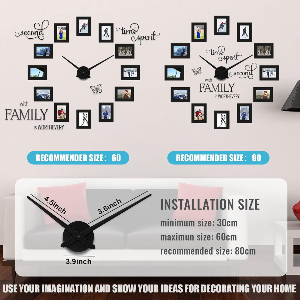 Sratte Wall Clock with 12 Picture Frames 5x3.5 Inch, Family Photo,Black