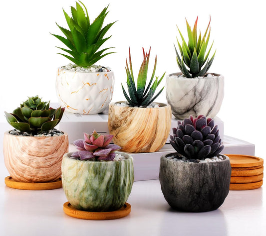 Ziliny Marbling Ceramic Flower Pot 3.35 Inch Succulent Small Plant Cactus Herbs Planter Ceramic Pot with Drainage Hole Matte Round Container(6 Pcs,Elegance Style)