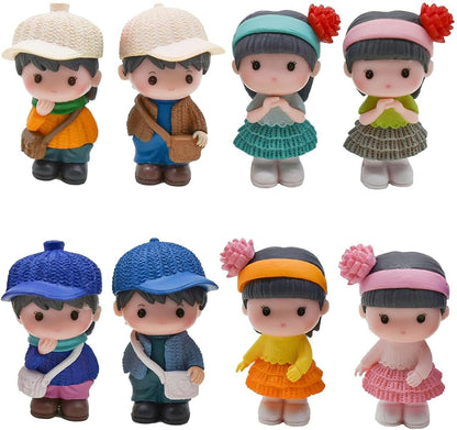 8Pcs Mini Resin Boy and Girl Figurines Dollhouse People Figures