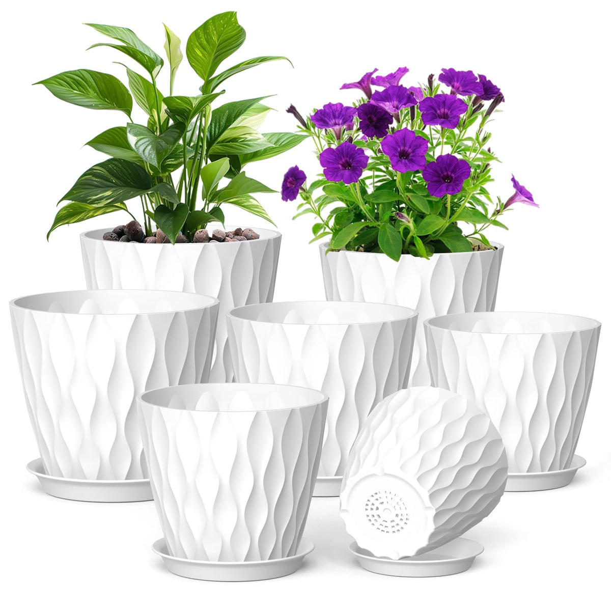 Meowell 4 inch Small Plastic Nursery Pots, 5 Pack Water Ripples Plant Pots for Indoor Plants, Flower Pots with Drainage Holes and Saucers, Seedling Starter Planters for Succulent Plants, White
