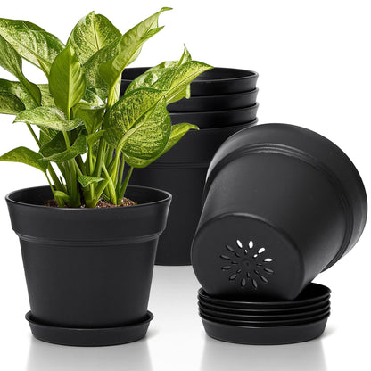 T4U Small Plant Pots 4 Inch 8 Pack, Plastic Indoor Flower Pots Saucer White