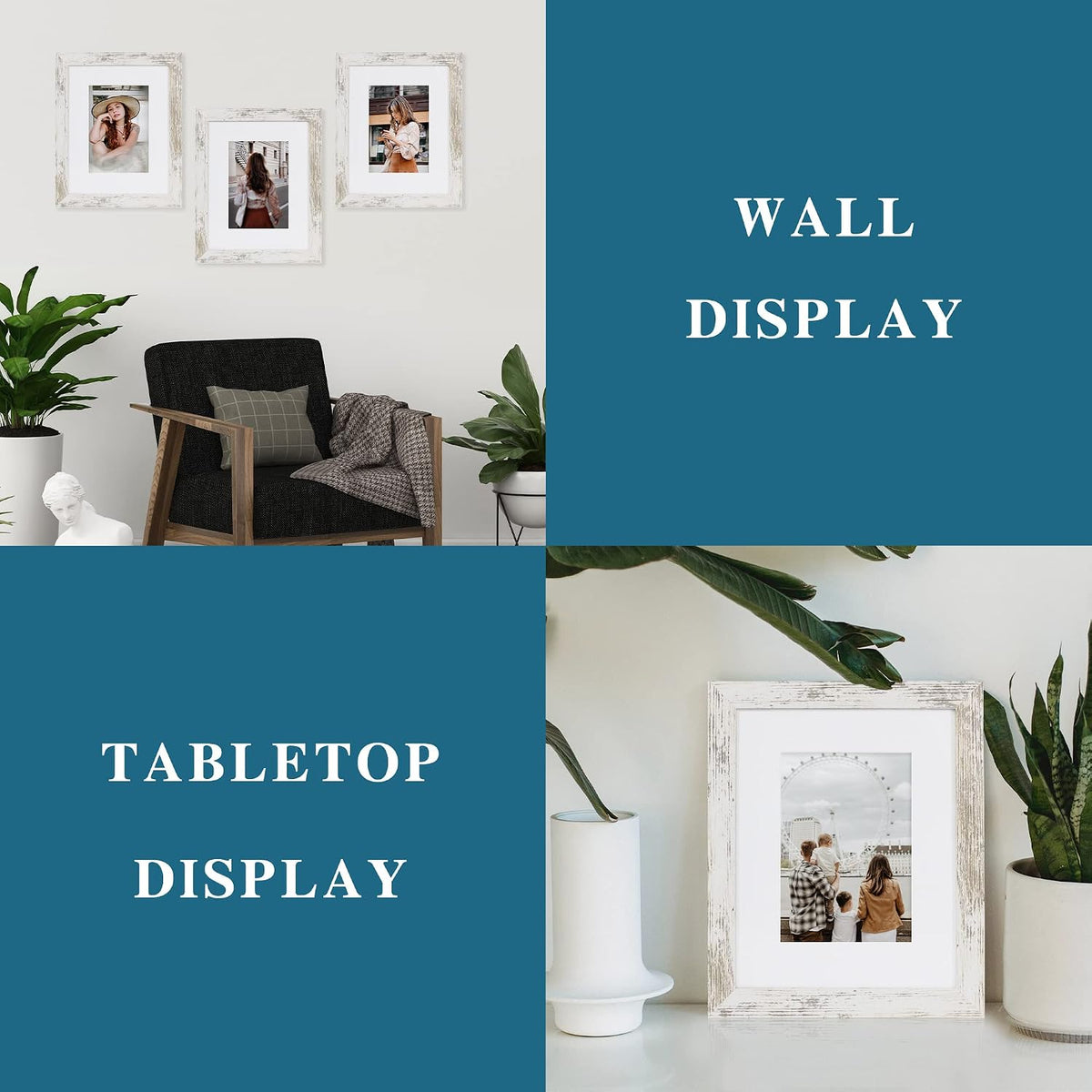 Hongkee 8x10 Picture Frame Set of 4, Real Glass and Wood Frame, 5x7 Mat