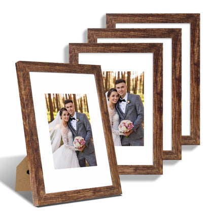 Hongkee 8x10 Picture Frame Set of 4, Real Glass and Wood Frame, 5x7 Mat