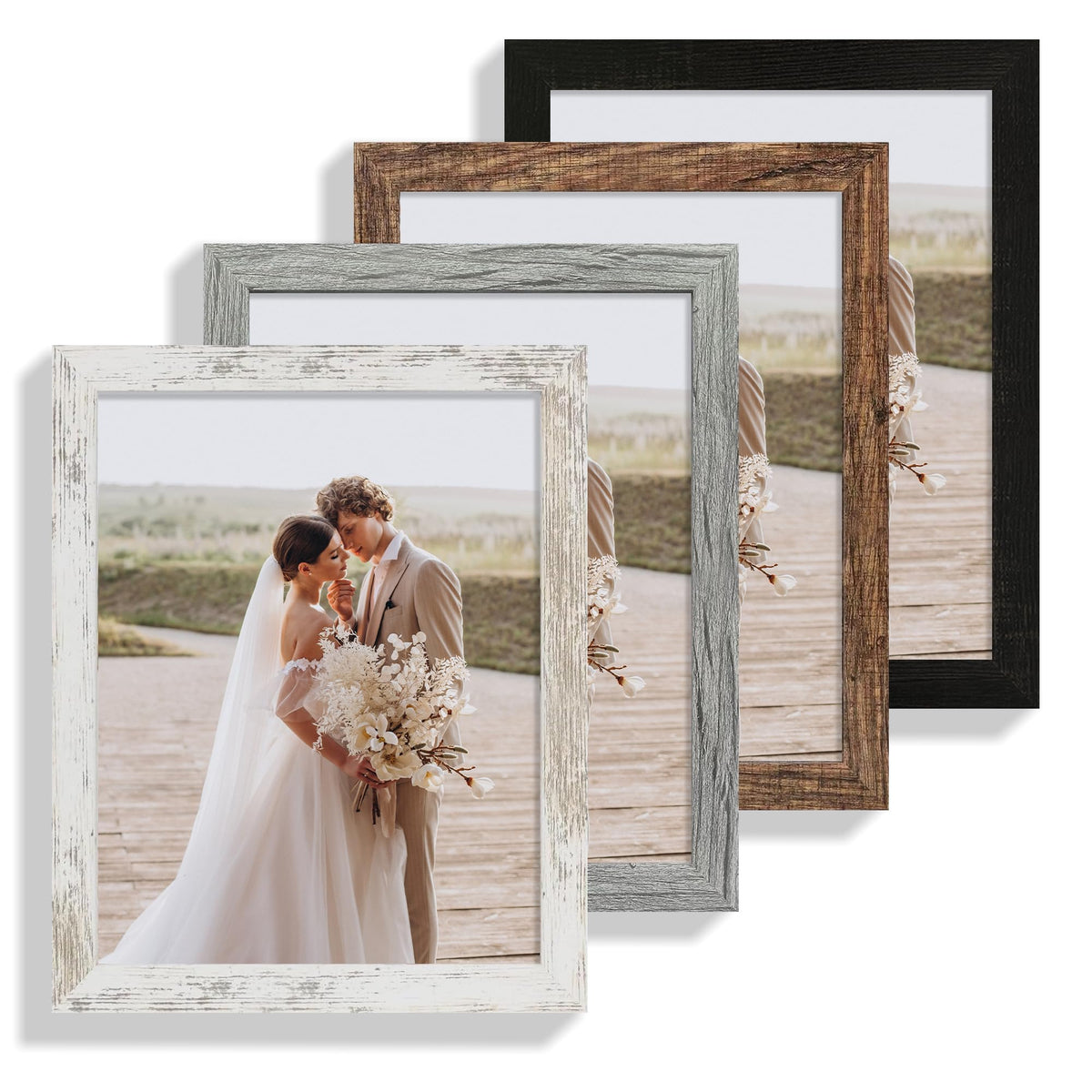 Hongkee 8x10 Picture Frame Set of 4, Real Glass and Wood Frame, 5x7 Mat