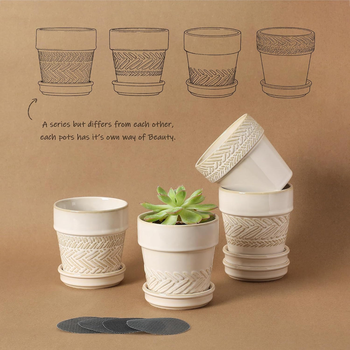 Fayoula Succulent pots,Indoor Small Succulent Bonsai,3 Inch Mini Ceramic Succulent Pots with Saucer and Drainage Hole, Decorative Planter for Succulent, Cactus, Set of 4.