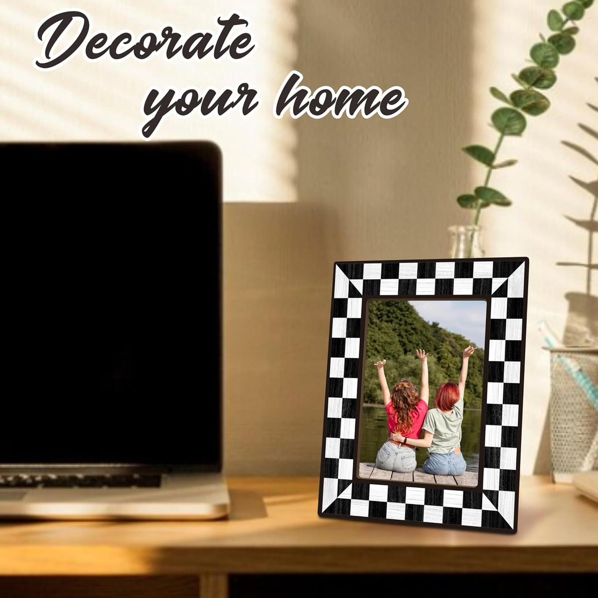 Black Checkerboard Picture Frame 4x6, Modern Wooden Photo Frame with Stand, Aesthetic Room Decor for Bedroom, Dorm Room, Apartment & Office (A02)