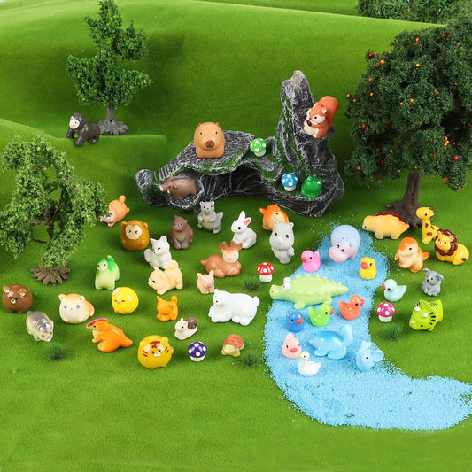 Mini Resin Animals Figures, 50PCS Tiny Resin Animal Miniature Figurines Garden Decor Micro Landscape Fairy Dollhouse Ornament for Fairy Garden, Dollhouse, Plant Pots, Bonsai Craft Decor