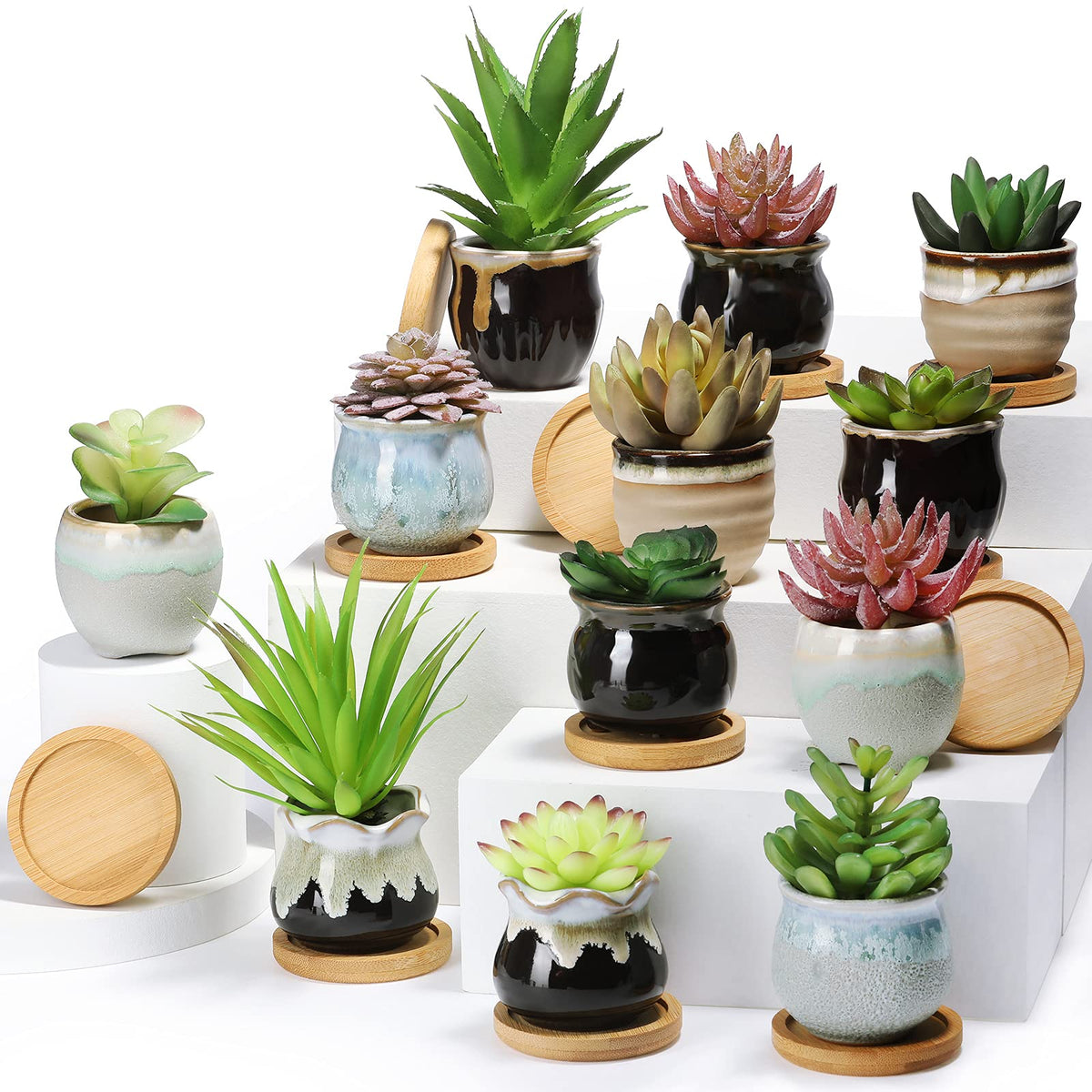 Remerry 24 Pcs Ceramic Succulent Pots 2.5 Inch with Drainage Bamboo Tray