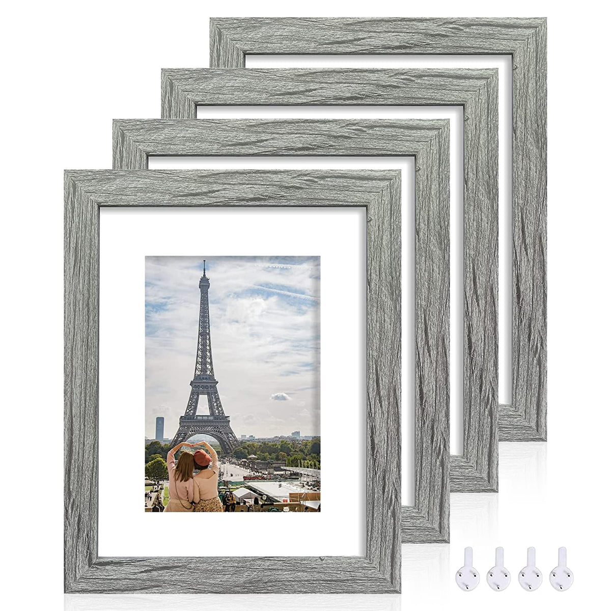 Hongkee 8x10 Picture Frame Set of 4, Real Glass and Wood Frame, 5x7 Mat