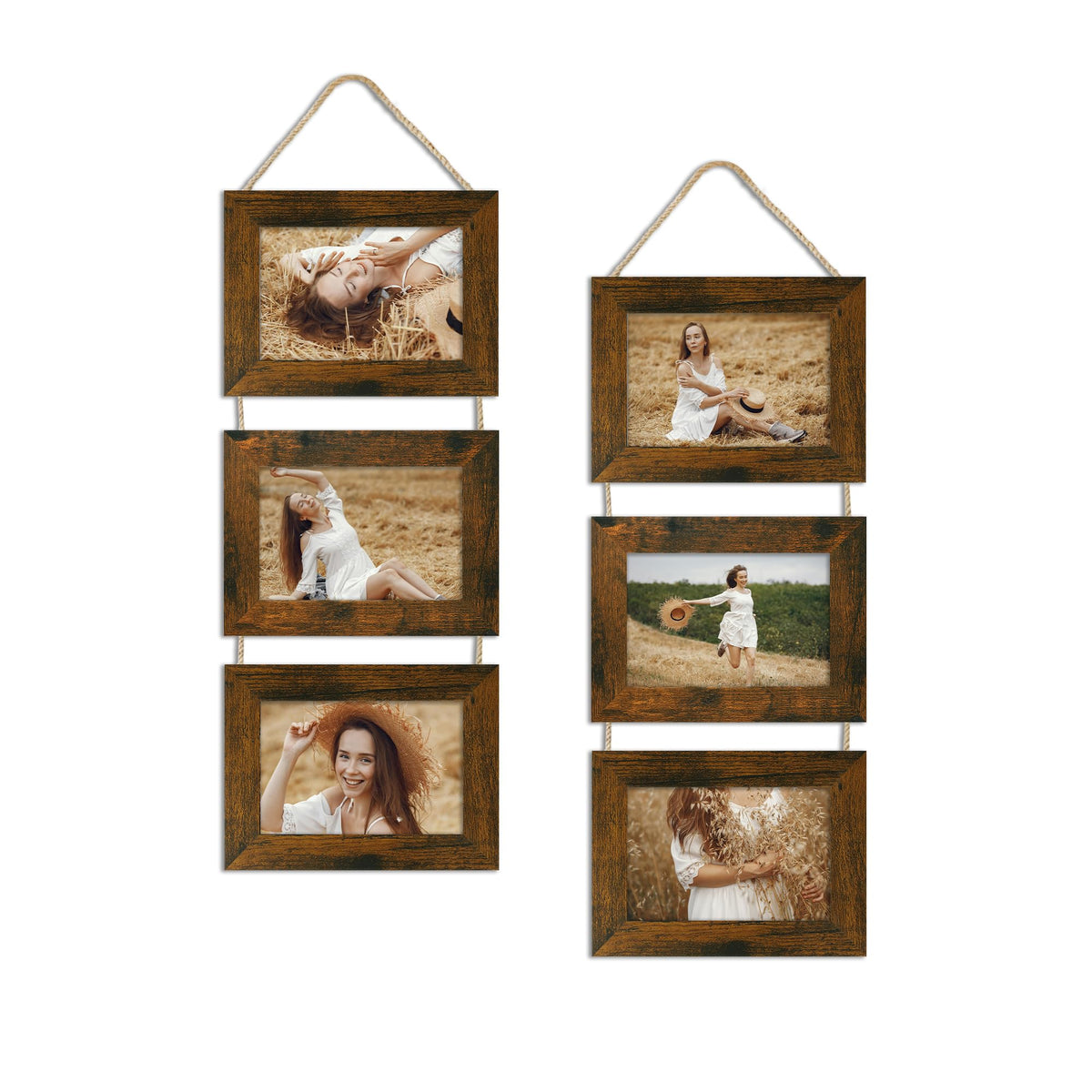 4x6 Collage Picture Frames Set of 2, Rustic Wooden Real Glass Vertical Hanging 3 Opening 4 by 6 Photo Frame, Rustic Brown