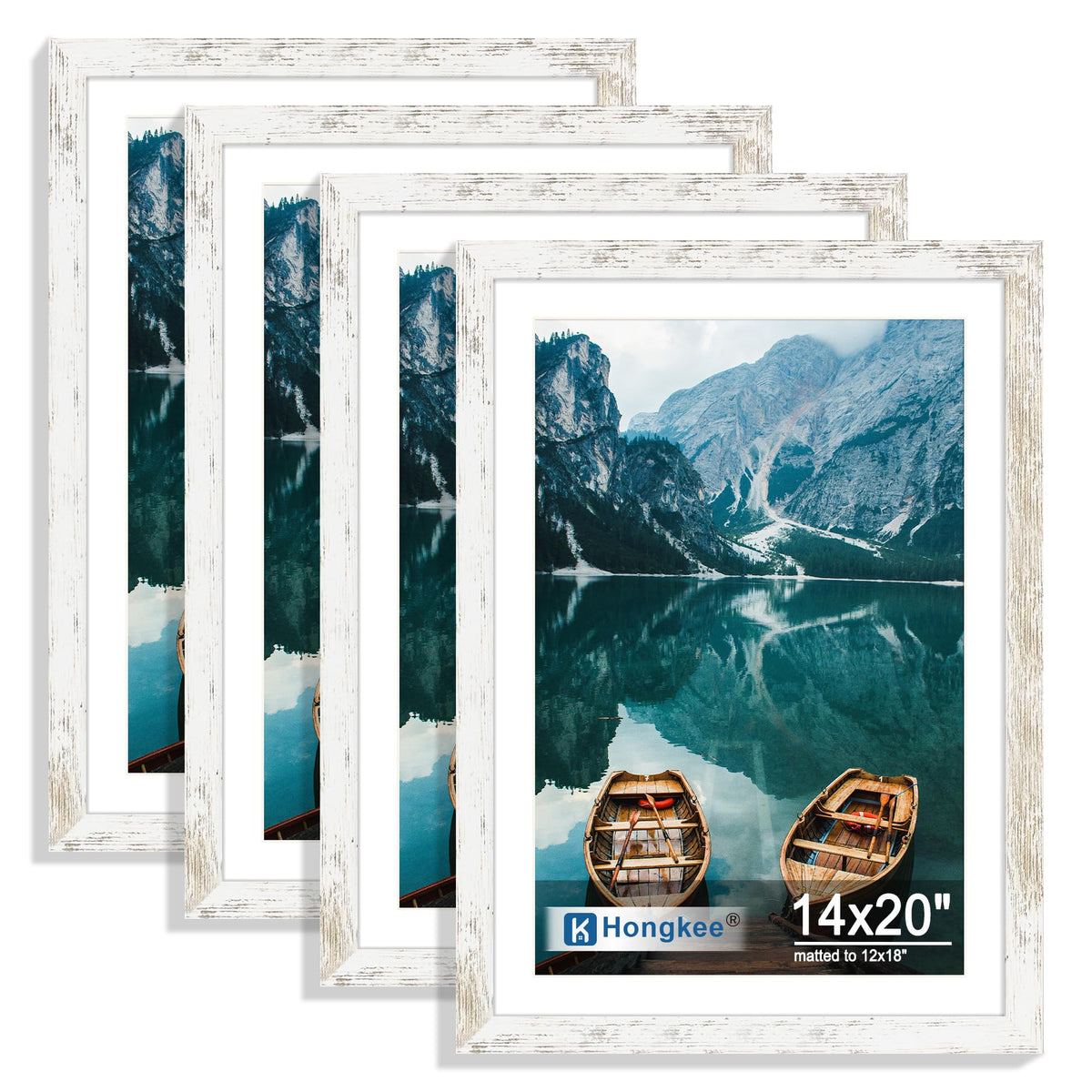 Hongkee 8x10 Picture Frame Set of 4, Real Glass and Wood Frame, 5x7 Mat