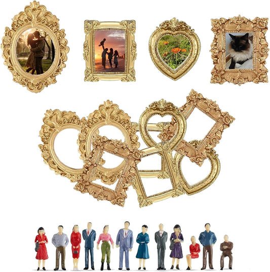 Mini Vintage Picture Frames, Gold Craft Decor, 12 Frames and 12 Figurines