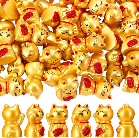 Soulchen 50 Pcs Mini Resin Cat Figurines Lucky Statue Welcome Cat Gold