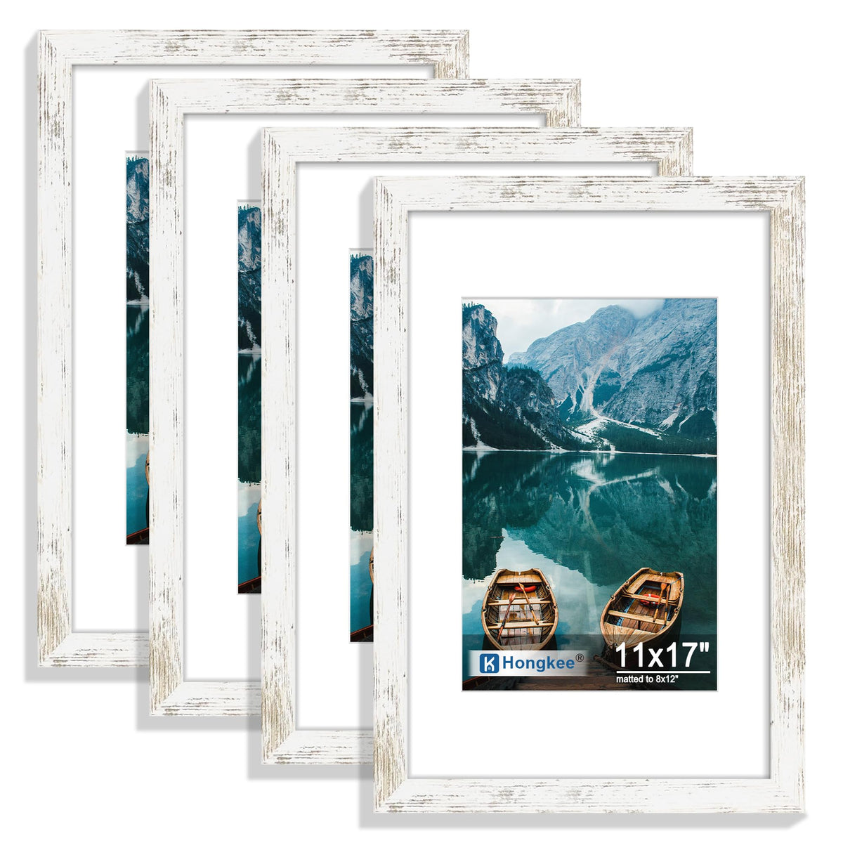 Hongkee 8x10 Picture Frame Set of 4, Real Glass and Wood Frame, 5x7 Mat