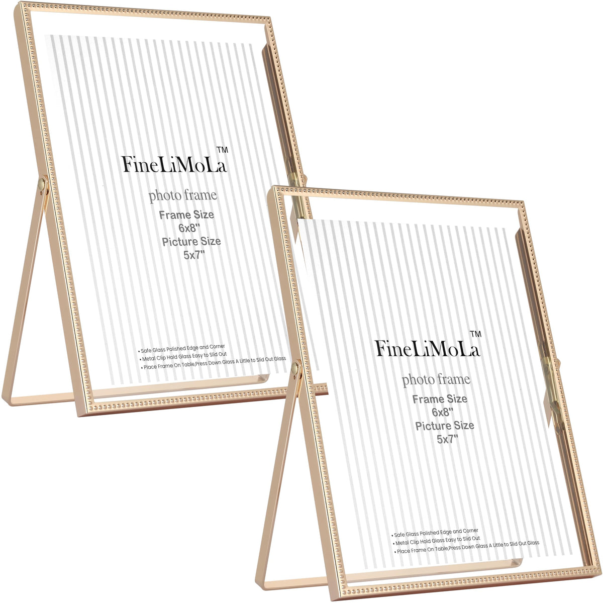 Gold 5x7'' Floating Picture Frames 2Pack,for Photo Sizes(3.5x5&4x6),Beaded Metal Edge,Adjustable Tabletop/Shelf Display for Wedding,Home & Office Decor