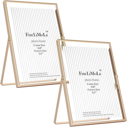 Gold 5x7'' Floating Picture Frames 2Pack,for Photo Sizes(3.5x5&4x6),Beaded Metal Edge,Adjustable Tabletop/Shelf Display for Wedding,Home & Office Decor