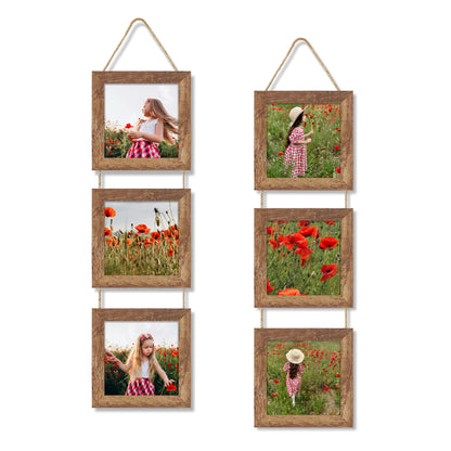 4x6 Collage Picture Frames Set of 2, Rustic Wooden Real Glass Vertical Hanging 3 Opening 4 by 6 Photo Frame, Rustic Brown