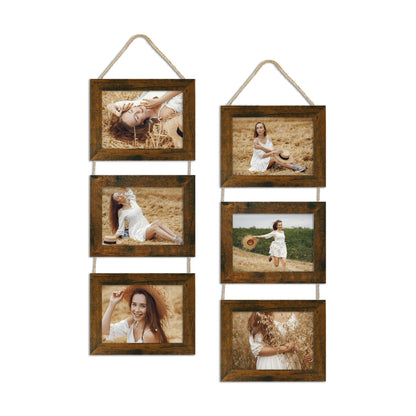 4x6 Collage Picture Frames Set of 2, Rustic Wooden Real Glass Vertical Hanging 3 Opening 4 by 6 Photo Frame, Rustic Brown