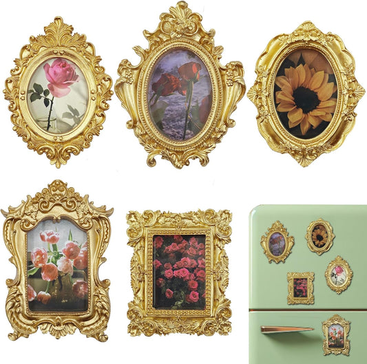 Mini Gold Magnetic Picture Frames for Refrigerator, 5 Small Vintage Photo Frames with Soft Magnet Backing, Victorian Style Decor for Kitchen Office Home
