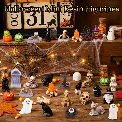 KIMOBER 36 Pcs Halloween Mini Resin Figures, Mixed Mini Figurines with Pumpkin Ghost Skull Designs, Tiny Resin Figures for Halloween Tree, Party Favors, Miniature Decorations