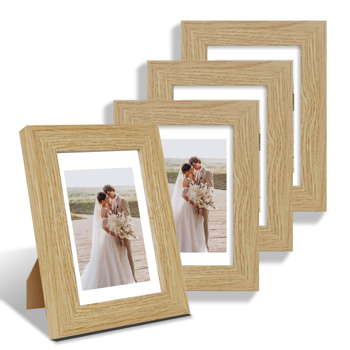 Hongkee 8x10 Picture Frame Set of 4, Real Glass and Wood Frame, 5x7 Mat