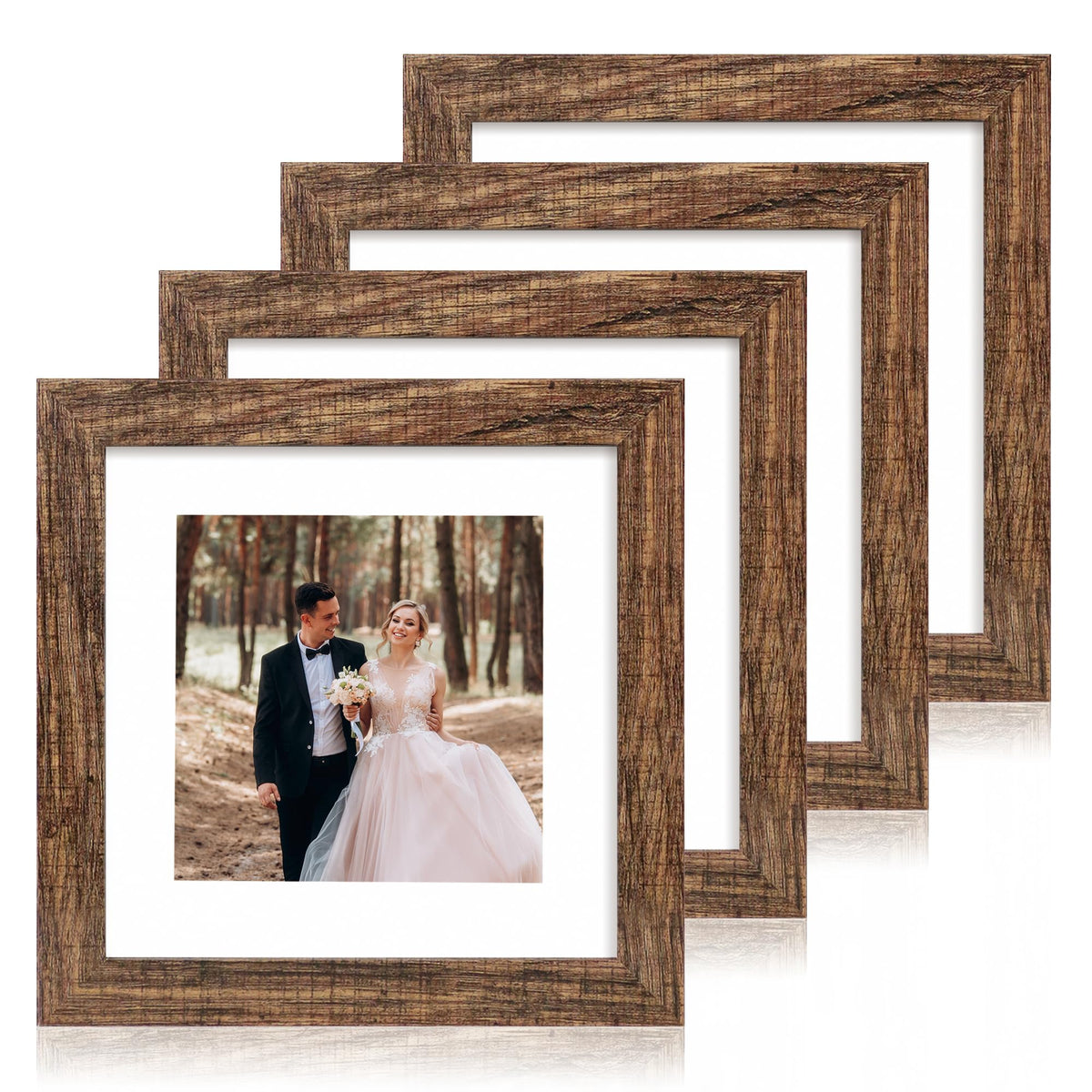iRahmen 8x10 Picture Frame Set of 4, High Definition Real Glass Rustic Brown Frame, 8 x 10 Wood Photo Frames for Desktop Display and Wall Mounting