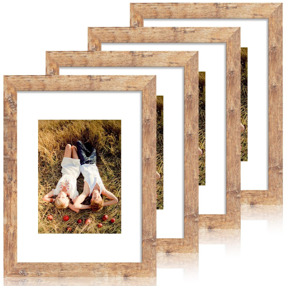 iRahmen 8x10 Picture Frame Set of 4, High Definition Real Glass Rustic Brown Frame, 8 x 10 Wood Photo Frames for Desktop Display and Wall Mounting