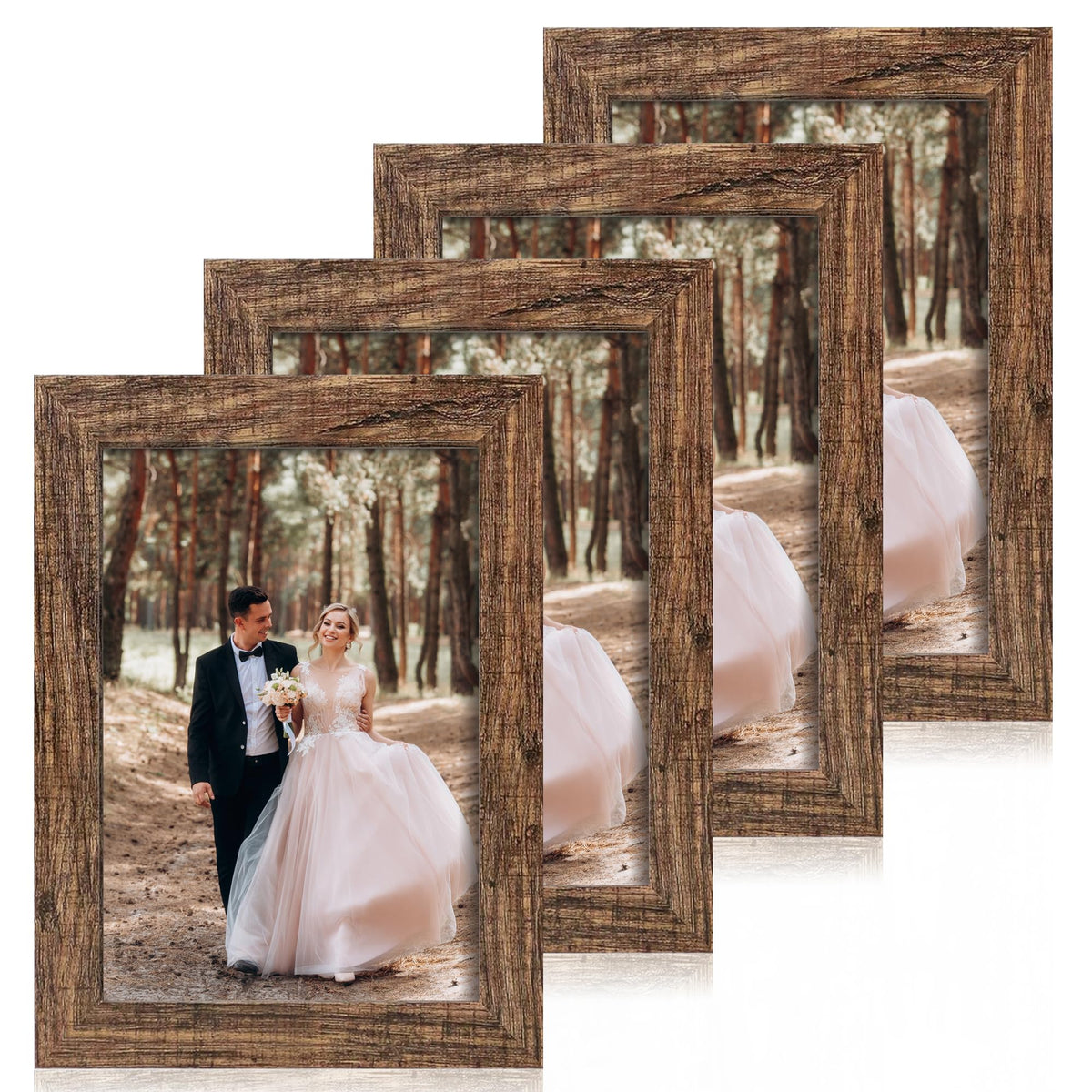 iRahmen 8x10 Picture Frame Set of 4, High Definition Real Glass Rustic Brown Frame, 8 x 10 Wood Photo Frames for Desktop Display and Wall Mounting