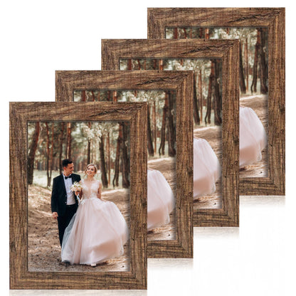 iRahmen 8x10 Picture Frame Set of 4, High Definition Real Glass Rustic Brown Frame, 8 x 10 Wood Photo Frames for Desktop Display and Wall Mounting