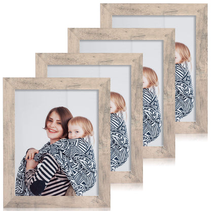 iRahmen 8x10 Picture Frame Set of 4, High Definition Real Glass Rustic Brown Frame, 8 x 10 Wood Photo Frames for Desktop Display and Wall Mounting