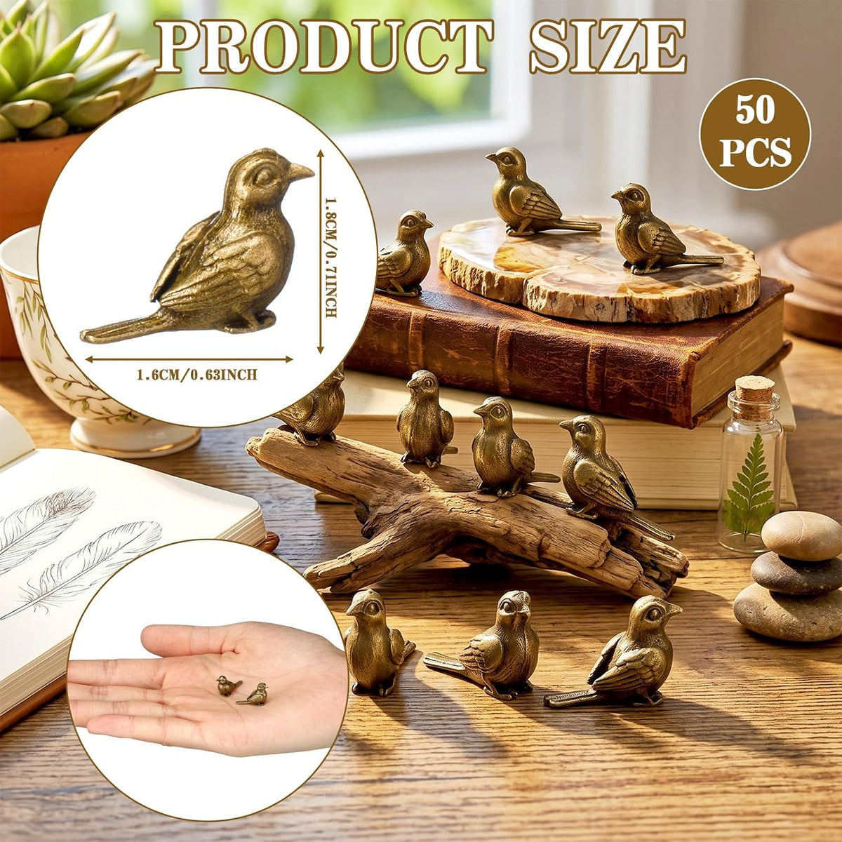 Weysat 50 Pcs Mini Bronze Bird Statue, Falls Bird Figurine Decor