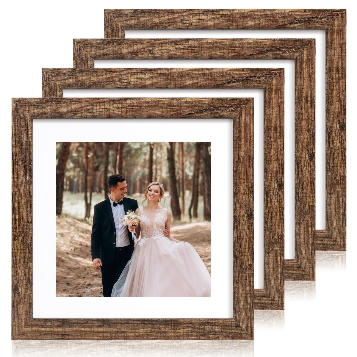 iRahmen 8x10 Picture Frame Set of 4, High Definition Real Glass Rustic Brown Frame, 8 x 10 Wood Photo Frames for Desktop Display and Wall Mounting