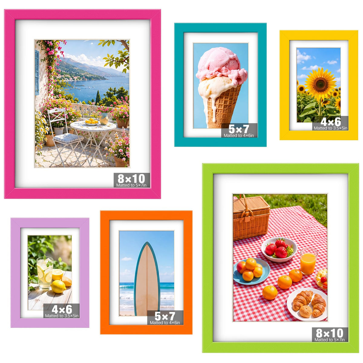 8 x 10, 5 x 7, 4 x 6 Picture Frame Set of 6, Boho Colorful Photo Frames