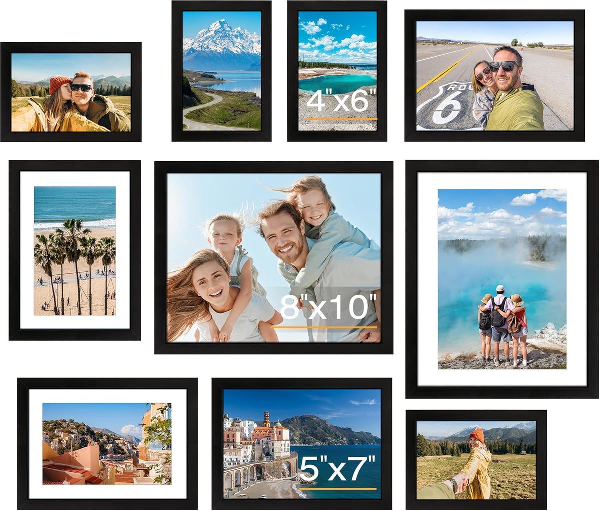 FIXSMITH 10 Pack Picture Frames Collage Wall Decor for Mounting or Tabletop Display, Gallery Wall Frame Set with Two 8x10 Black Frames, Four 5x7 Frames and Four 4x6 Frames, Multi-Pack Photo Frame Set