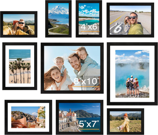 FIXSMITH 10 Pack Picture Frames Collage Wall Decor for Mounting or Tabletop Display, Gallery Wall Frame Set with Two 8x10 Black Frames, Four 5x7 Frames and Four 4x6 Frames, Multi-Pack Photo Frame Set