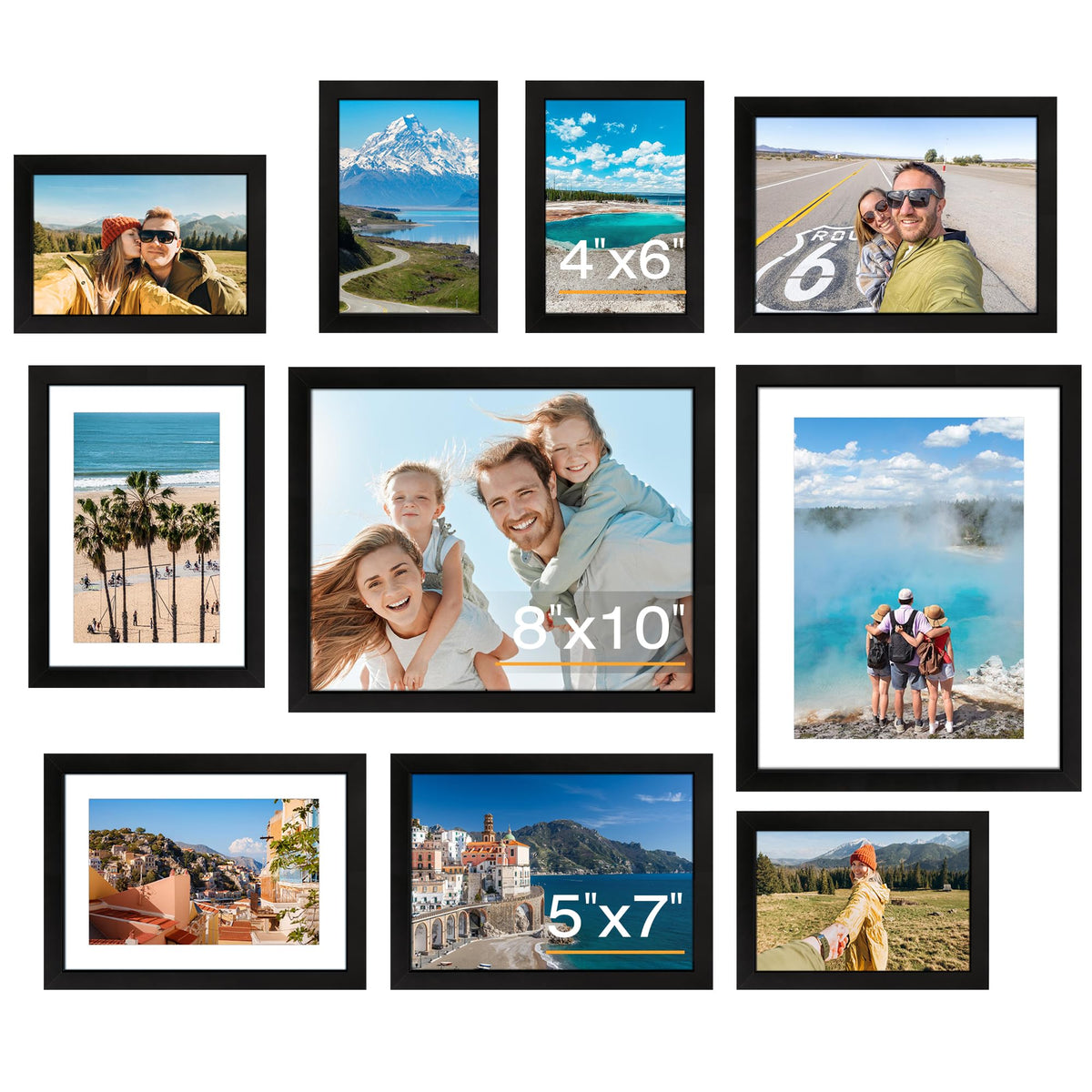 FIXSMITH 10 Pack Picture Frames Collage Wall Decor for Mounting or Tabletop Display, Gallery Wall Frame Set with Two 8x10 Black Frames, Four 5x7 Frames and Four 4x6 Frames, Multi-Pack Photo Frame Set