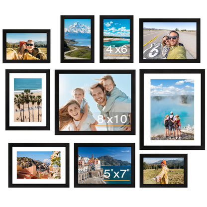 FIXSMITH 10 Pack Picture Frames Collage Wall Decor for Mounting or Tabletop Display, Gallery Wall Frame Set with Two 8x10 Black Frames, Four 5x7 Frames and Four 4x6 Frames, Multi-Pack Photo Frame Set