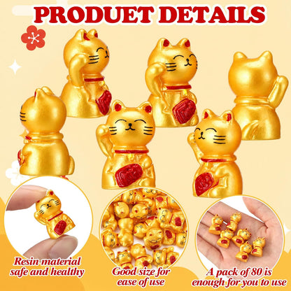Soulchen 50 Pcs Mini Resin Cat Figurines Lucky Statue Welcome Cat Gold