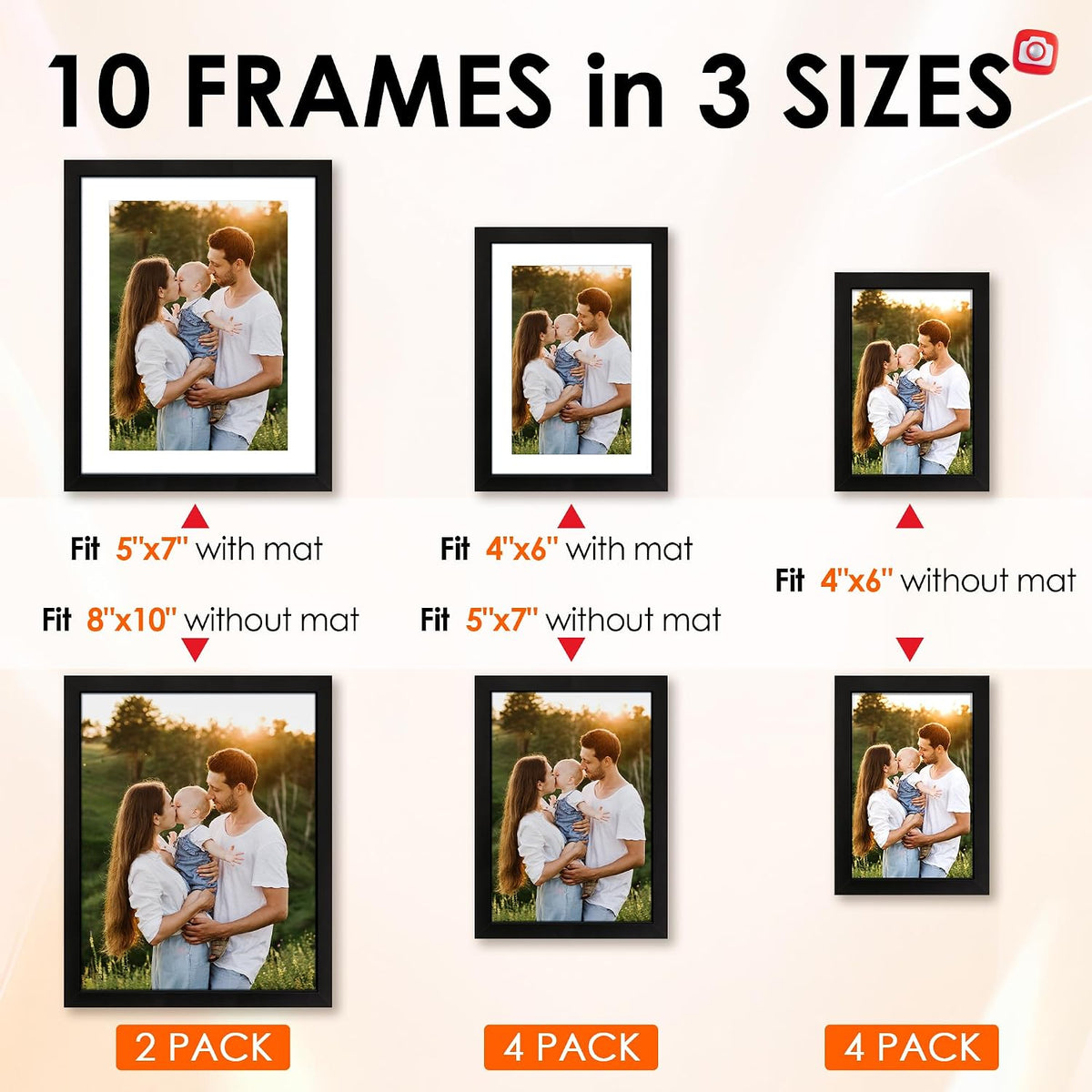 FIXSMITH 10 Pack Picture Frames Collage Wall Decor for Mounting or Tabletop Display, Gallery Wall Frame Set with Two 8x10 Black Frames, Four 5x7 Frames and Four 4x6 Frames, Multi-Pack Photo Frame Set
