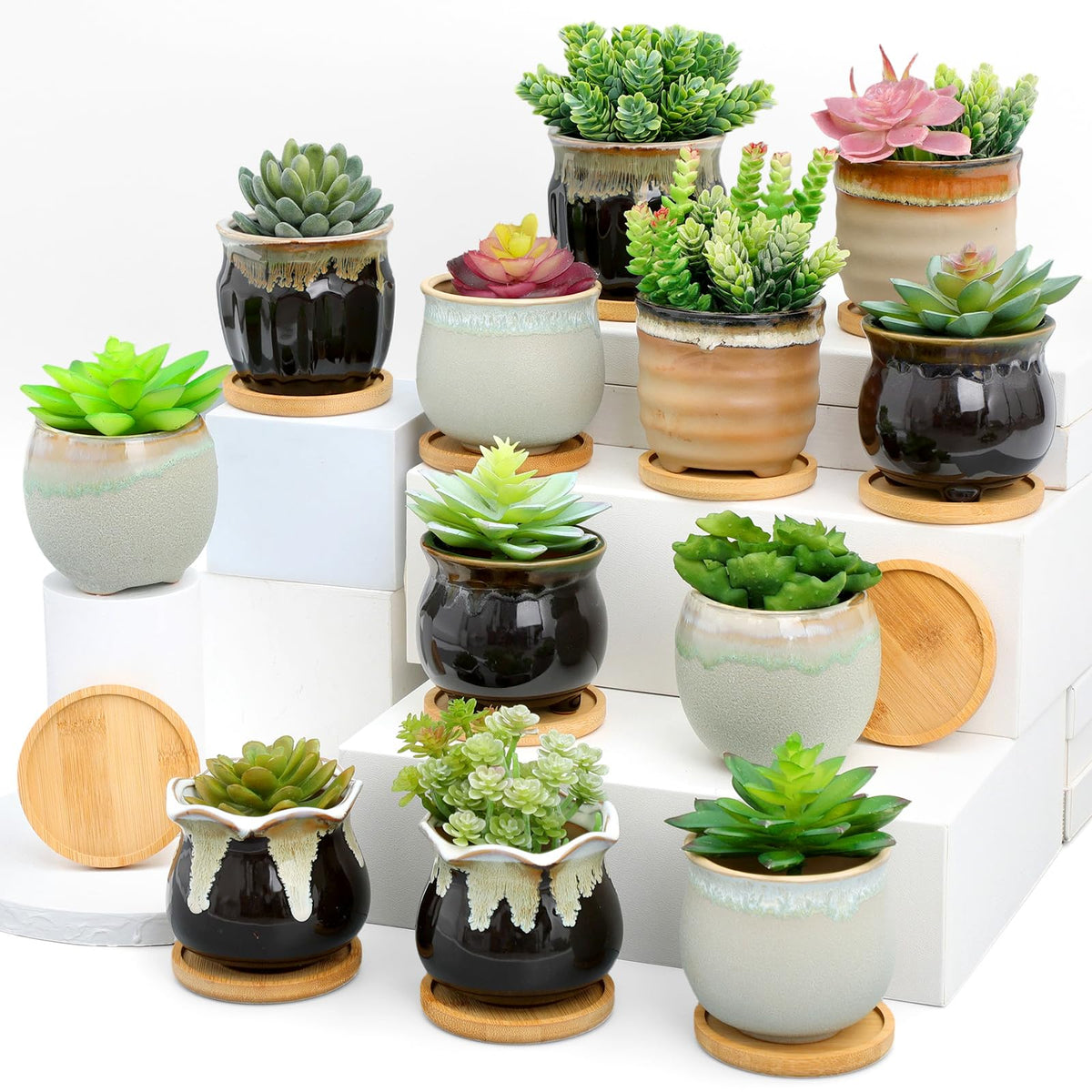 Remerry 24 Pcs Ceramic Succulent Pots 2.5 Inch with Drainage Bamboo Tray