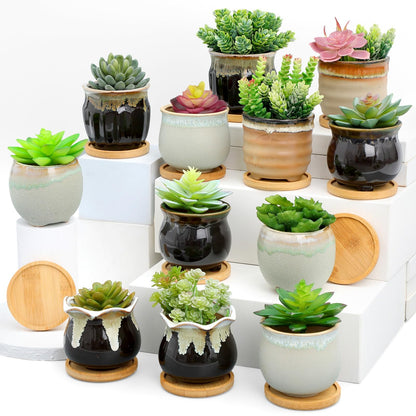 Remerry 24 Pcs Ceramic Succulent Pots 2.5 Inch with Drainage Bamboo Tray