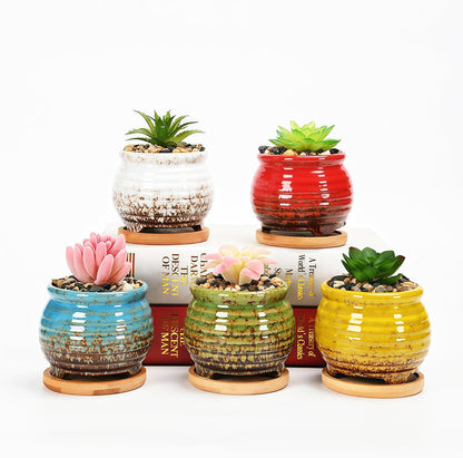 3.5 Inch Ceramic Succulent Planter Pot with Drainage Hole & Bamboo Tray - Mini Round Small Plant Pot for Indoor Desktop, Cactus Flower Container (Plant and Soil Not Included)，White