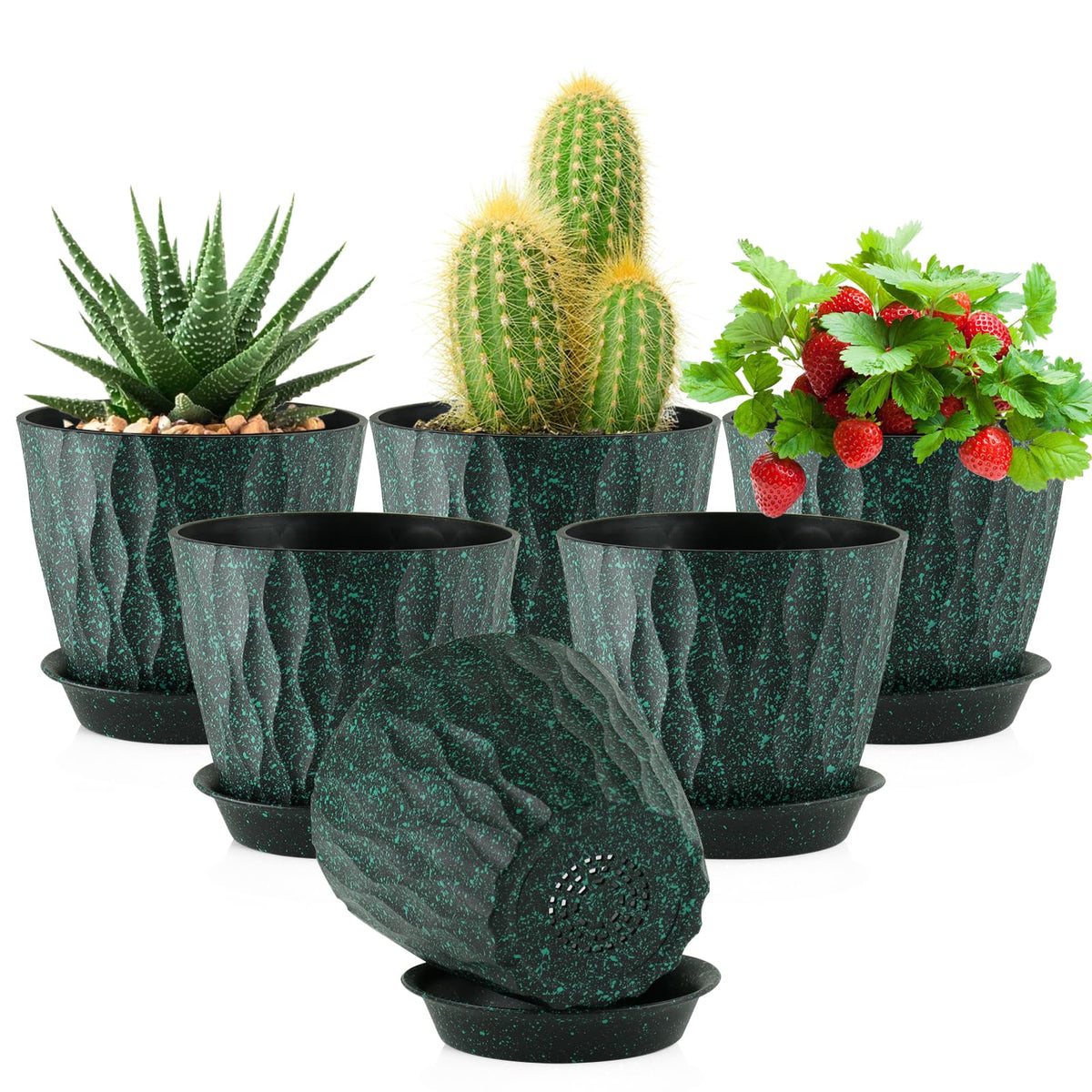Meowell 4 inch Small Plastic Nursery Pots, 5 Pack Water Ripples Plant Pots for Indoor Plants, Flower Pots with Drainage Holes and Saucers, Seedling Starter Planters for Succulent Plants, White