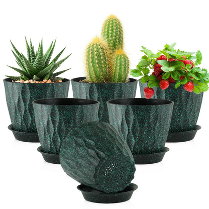 Meowell 4 inch Small Plastic Nursery Pots, 5 Pack Water Ripples Plant Pots for Indoor Plants, Flower Pots with Drainage Holes and Saucers, Seedling Starter Planters for Succulent Plants, White