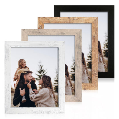 iRahmen 8x10 Picture Frame Set of 4, High Definition Real Glass Rustic Brown Frame, 8 x 10 Wood Photo Frames for Desktop Display and Wall Mounting