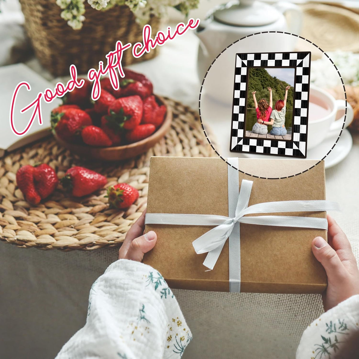 Black Checkerboard Picture Frame 4x6, Modern Wooden Photo Frame with Stand, Aesthetic Room Decor for Bedroom, Dorm Room, Apartment & Office (A02)