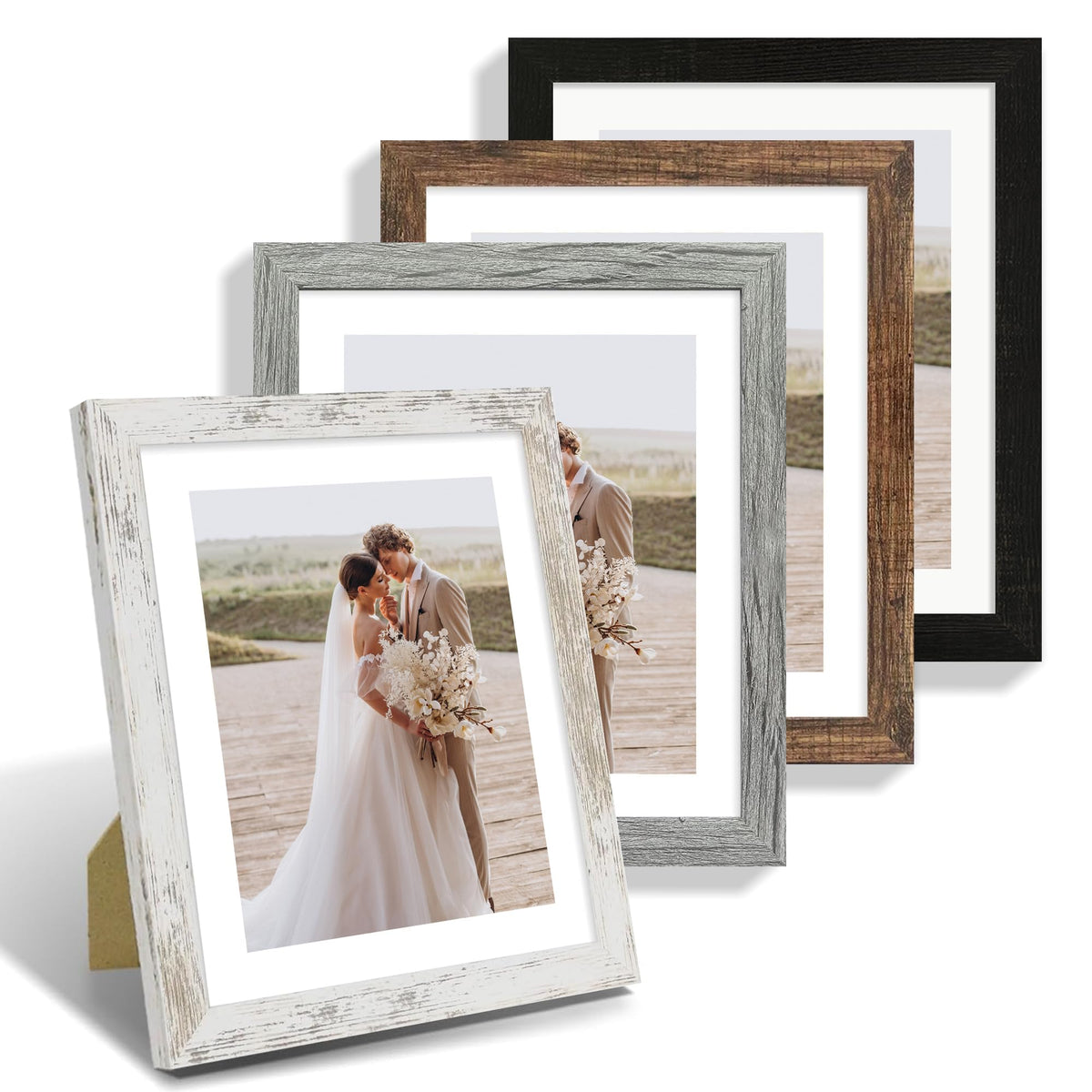 Hongkee 8x10 Picture Frame Set of 4, Real Glass and Wood Frame, 5x7 Mat