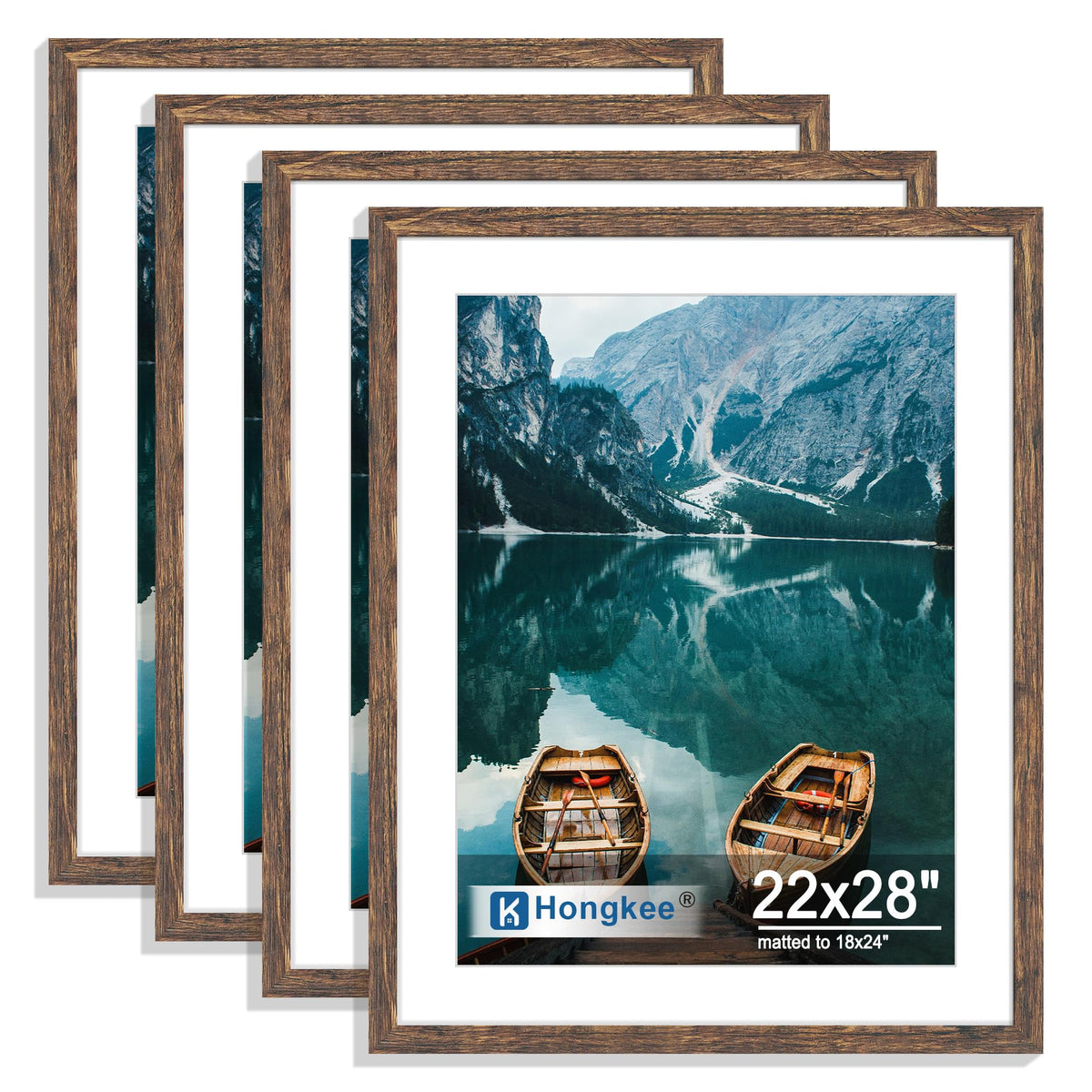 Hongkee 8x10 Picture Frame Set of 4, Real Glass and Wood Frame, 5x7 Mat